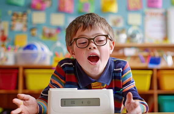 A child with glasses and a surprised expression as he uses his tablet in a classroom